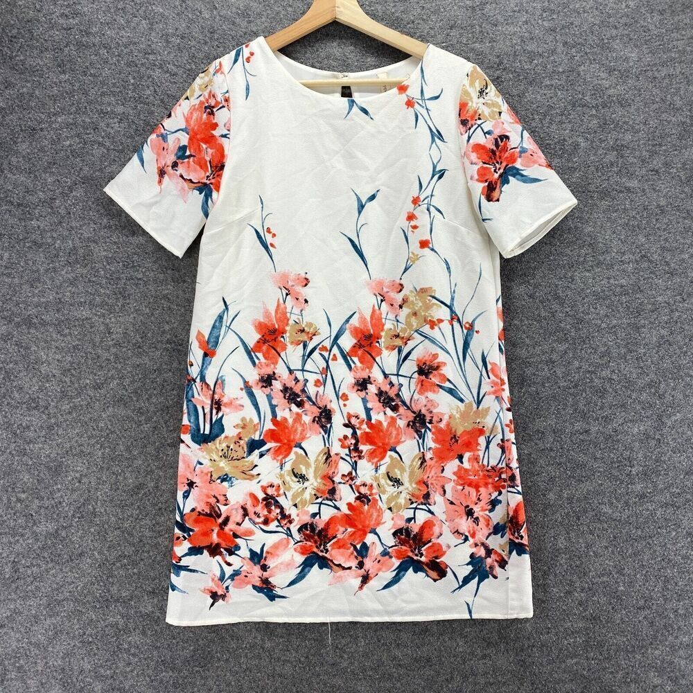 Peppermint Dress Women M Medium White Floral Shift Short Short Sleeve Hook & Eye